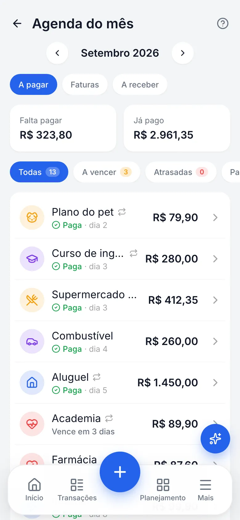 Agenda do mês do Grano com contas pagas e a vencer de setembro